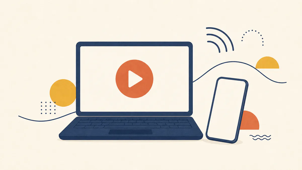 ノートPCとスマホで動画講義を再生するイラスト。スタディングのオンライン完結型学習のイメージ